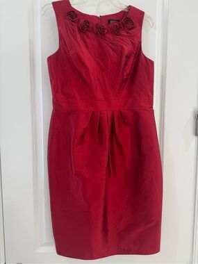 Adrianna Papell Red Sleeveless Midi Dress with Rosette Neckline